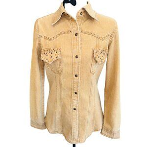 Diane Gilman DG2 Tan Denim Shirt Jacket Studded Western Cowgirl Distress Shacket